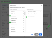 Edit Columns dialog in Call Queues dashboard showing visible and hidden columns with options to reorder and add